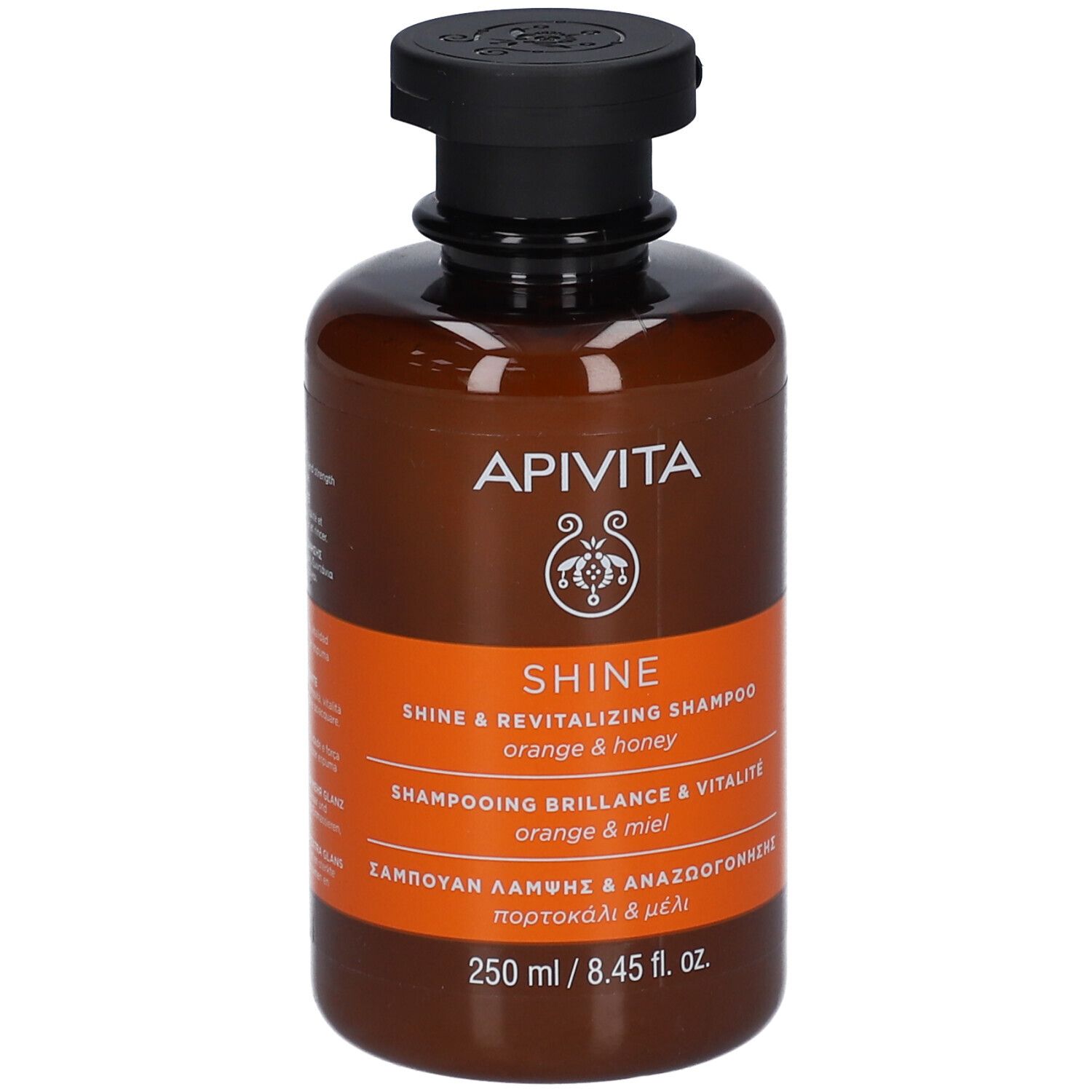 Apivita Shine shampoo fles met zwarte pompdispenser, 250 ml.