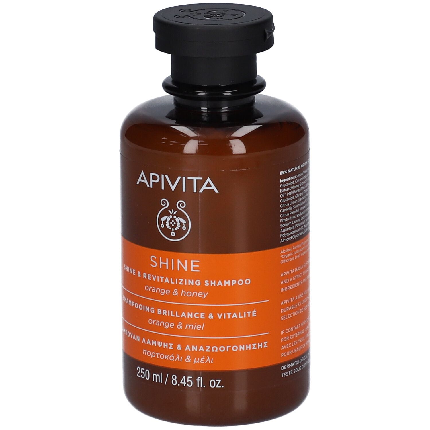 Apivita Shine Shampoo fles met zwarte dop. Bruine container met oranje etiket. 250 ml.