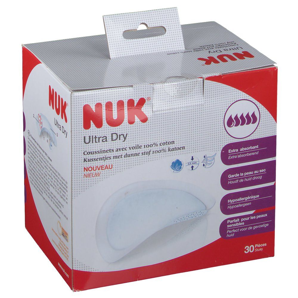 Verpakking NUK Ultra Dry, 30 stuks. Opschriften: Extra absorberend, houdt de huid droog, hypoallergeen, perfect voor de gevoelige huid.