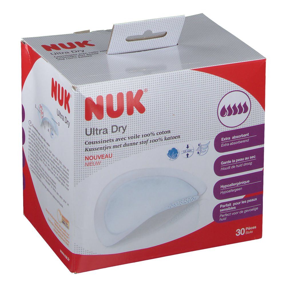 Verpakking NUK Ultra Dry, 30 stuks. Opschriften: Extra absorberend, houdt de huid droog, hypoallergeen, perfect voor de gevoelige huid. Productafbeelding.