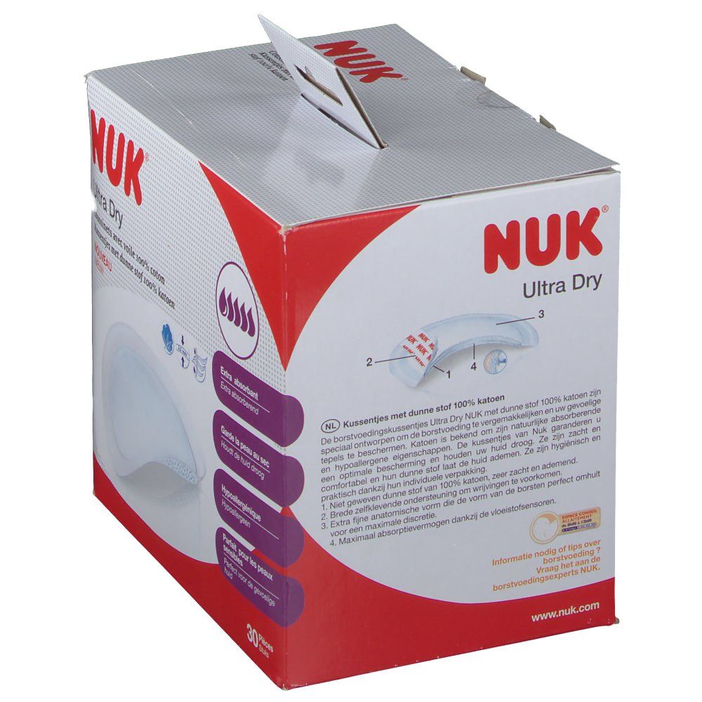 Verpakking NUK Ultra Dry. Productbeschrijving en illustraties. Bevat 30 stuks. Opschriften: Extra absorberend, houdt de huid droog, hypoallergeen.