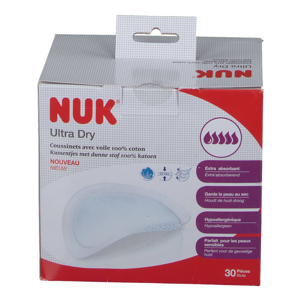 Verpakking NUK Ultra Dry, 30 stuks. Opschriften: Extra absorberend, houdt de huid droog, hypoallergeen, perfect voor de gevoelige huid. Productafbeelding.