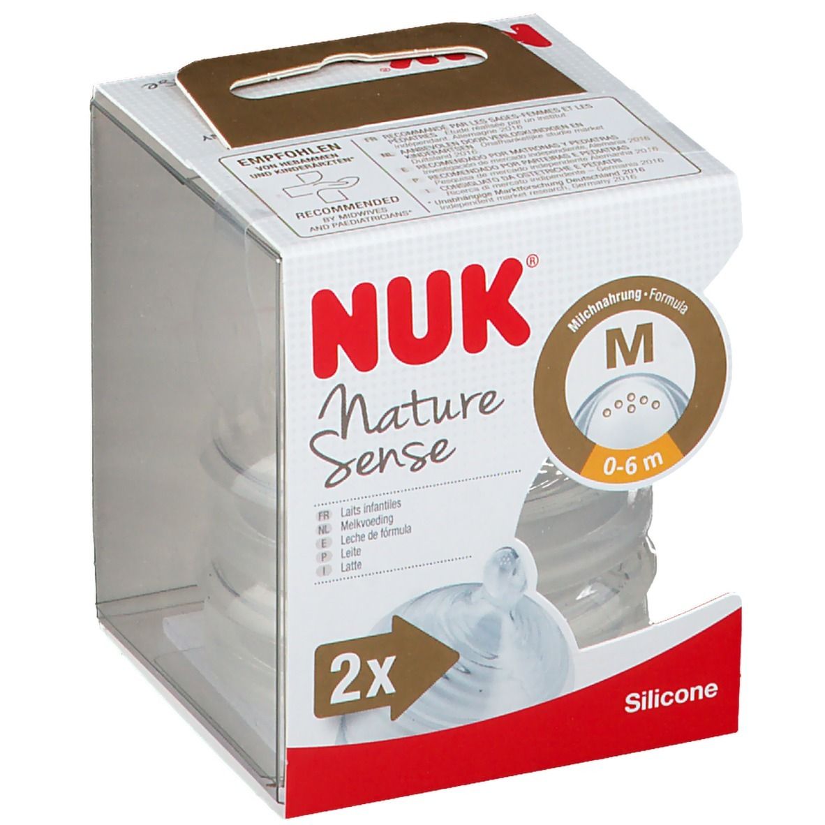 NUK Nature Sense spenen in verpakking. Maat M, 0-6 maanden. 2 stuks. Siliconen. Transparante verpakking.