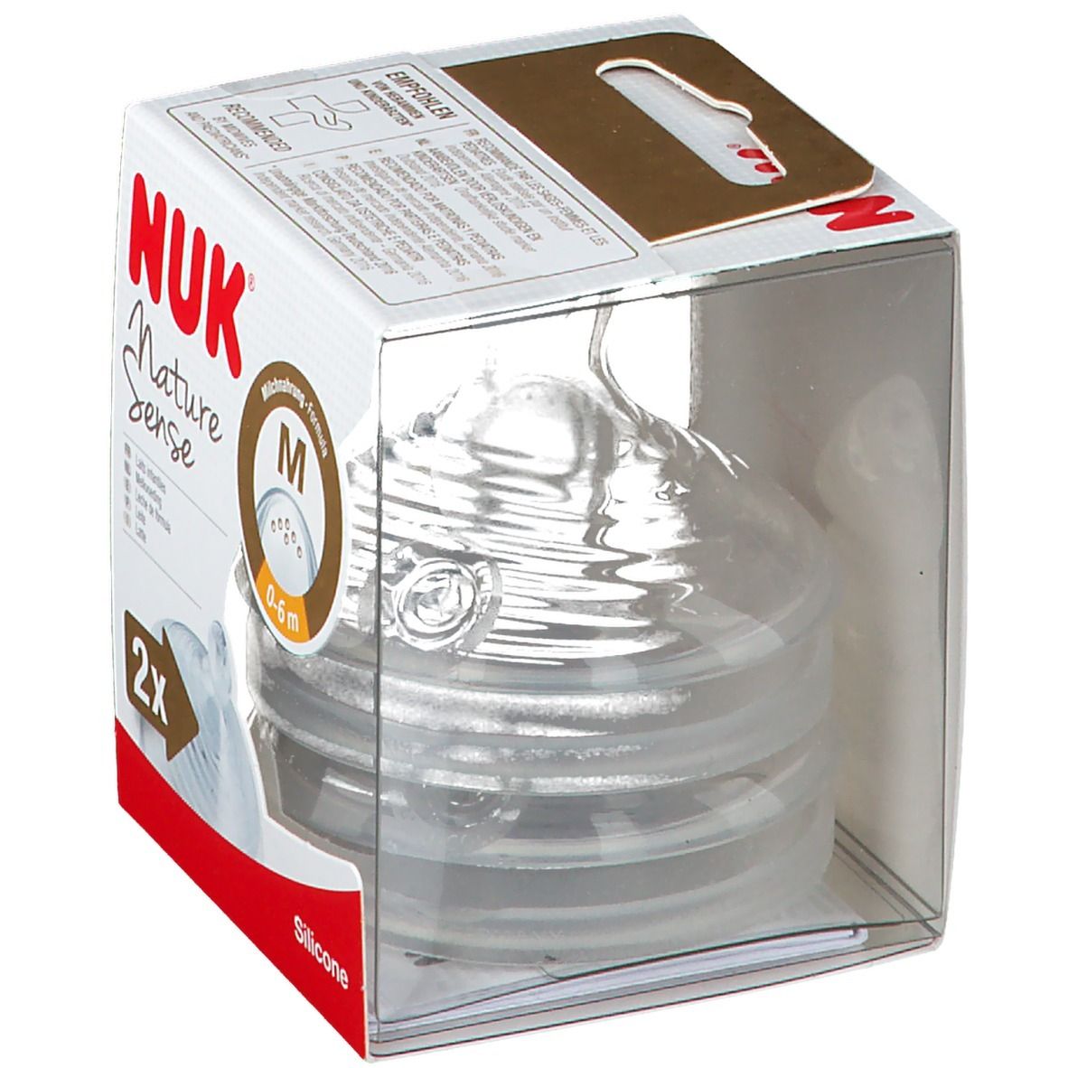 NUK Nature Sense spenen in verpakking. Maat M, 0-6 maanden. Siliconen. Transparante verpakking.