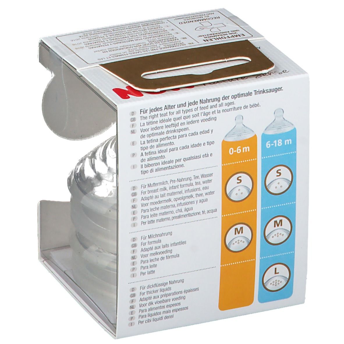 NUK Nature Sense spenen in verpakking. Maten S, M, L. 0-6 en 6-18 maanden. Transparante verpakking.