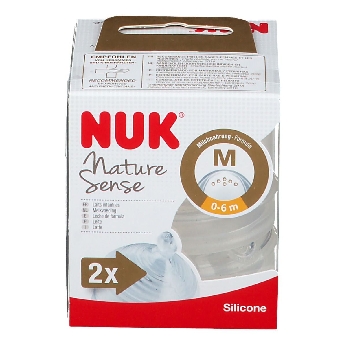 NUK Nature Sense spenen in verpakking. Maat M, 0-6 maanden. 2 stuks. Siliconen. Transparante verpakking.