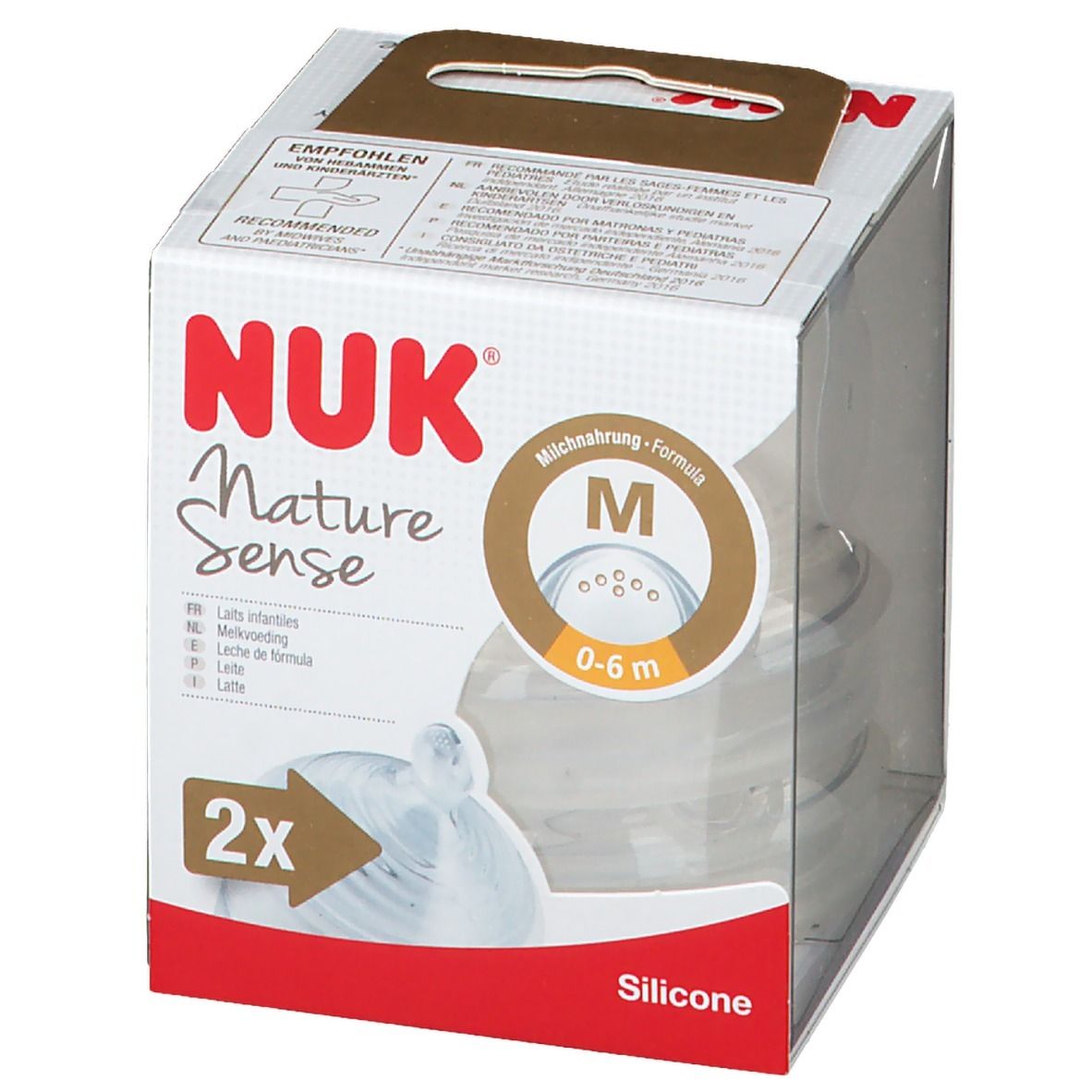 NUK Nature Sense spenen in verpakking. Maat M, 0-6 maanden. Siliconen. Transparante verpakking.