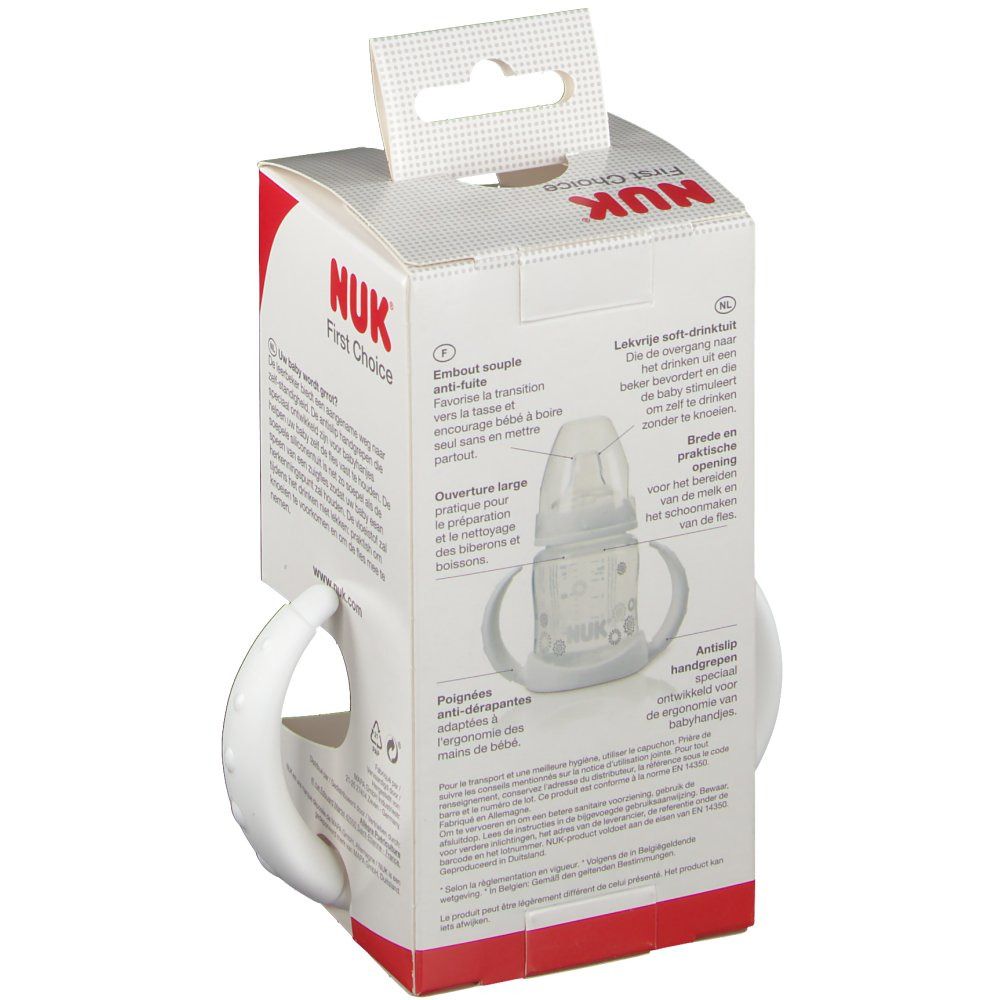 Geopende verpakking van de NUK First Choice oefenbeker. Productinformatie en afbeeldingen op de verpakking.