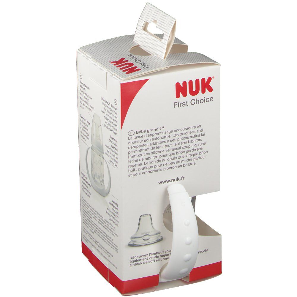 Achterkant van de geopende verpakking van de NUK First Choice oefenbeker. Productafbeeldingen en tekst.