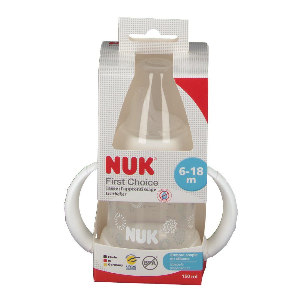 NUK First Choice oefenbeker in verpakking. Aanbevolen leeftijd 6-18 maanden. BPA-vrij.
