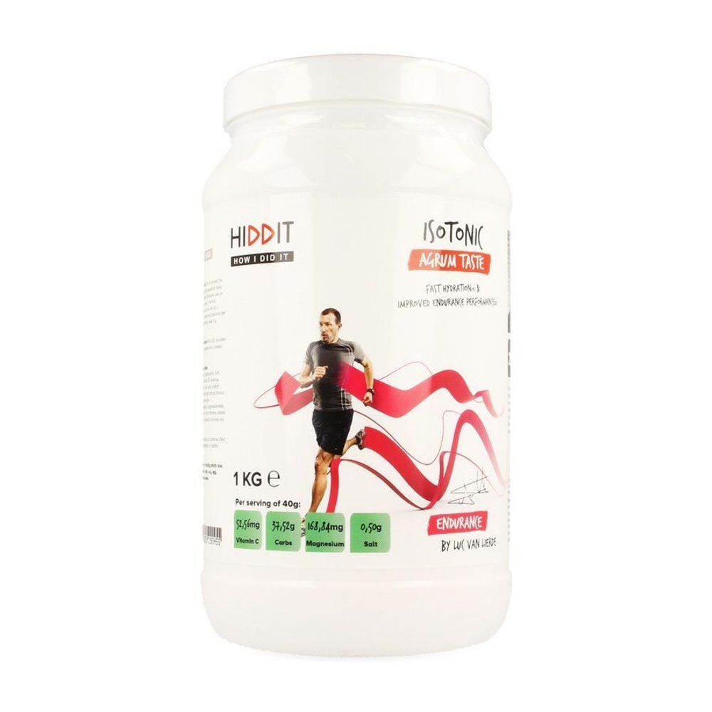 Witte pot met deksel. Opschrift: Hiddit, Isotonic Agrum Taste, 1 KG. Illustratie van een hardloper.