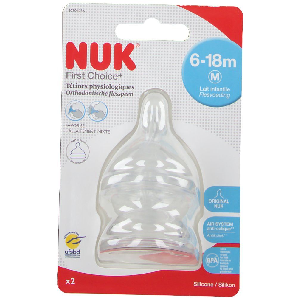Deux tétines en silicone transparentes sur blister. Inscription: NUK First Choice, 6-18m, Air System, sans BPA.