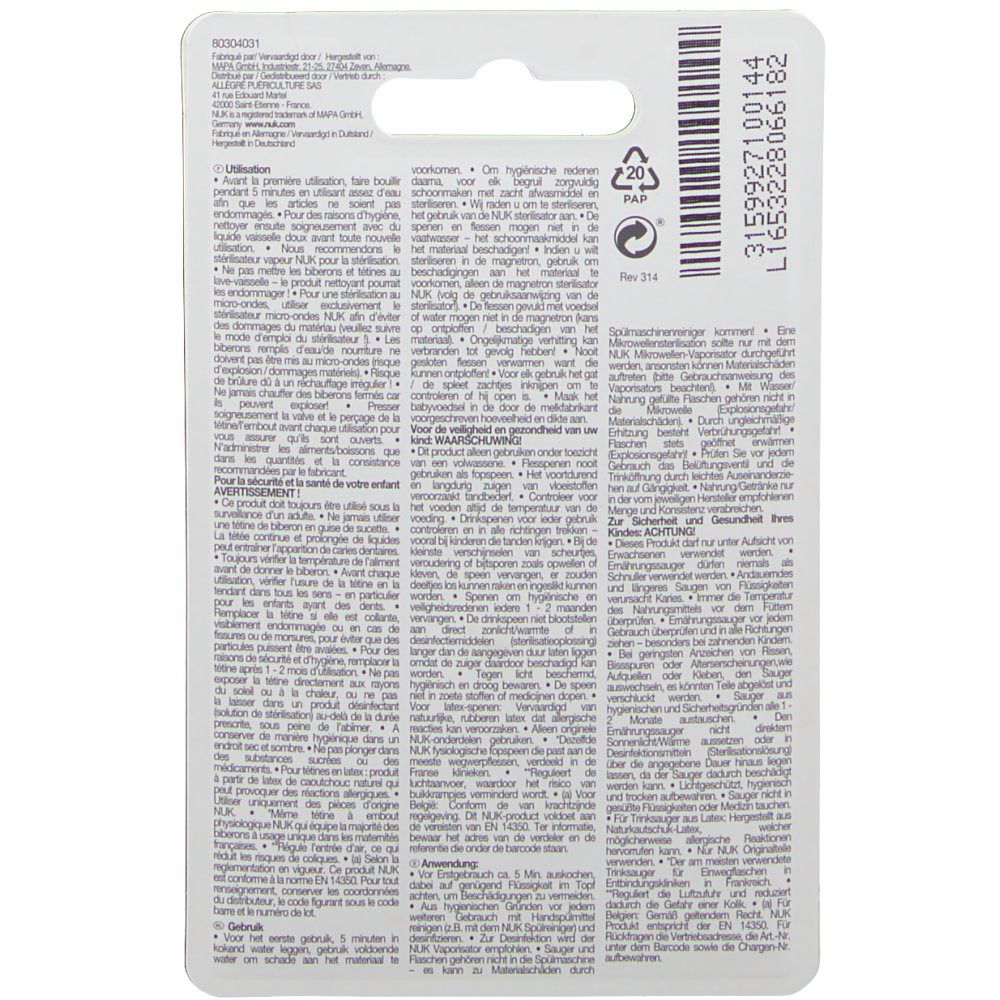 Dos de la carte blister avec texte multilingue. Informations d'utilisation et de sécurité.