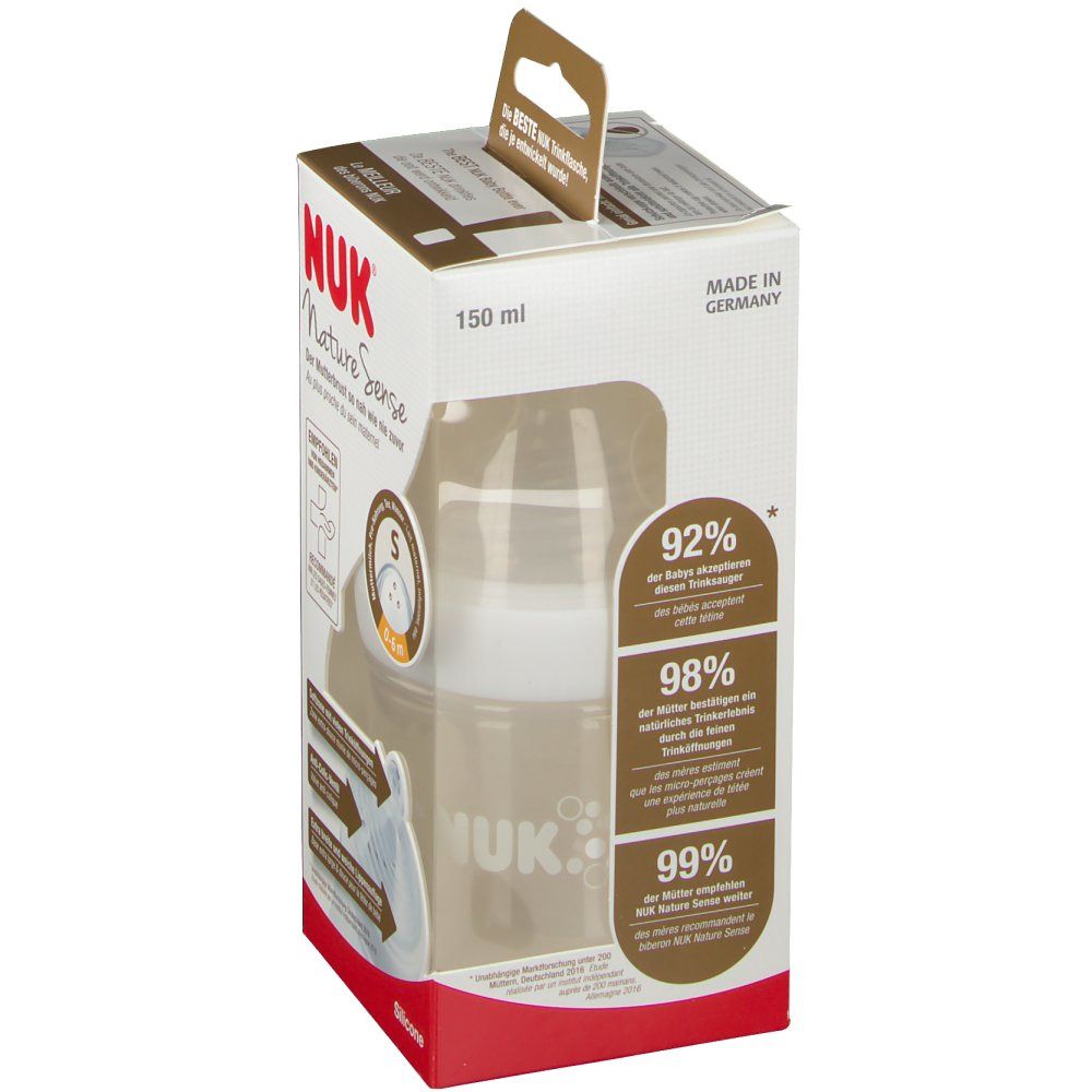 Verpakking NUK Nature Sense. Fles met 150 ml inhoud. Informatie over 92%, 98% en 99% van de baby's.