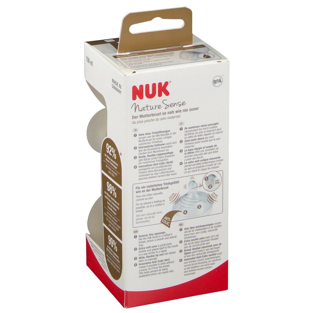 Achterkant van de NUK Nature Sense verpakking. Tekst in het Duits. Grafische weergave van de kenmerken en voordelen van de fles.