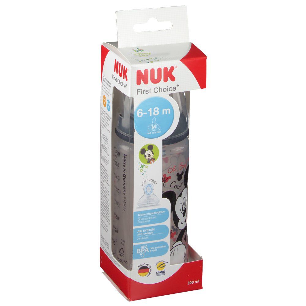 Biberon NUK First Choice, 6-18 mois, dans emballage. Motif Mickey Mouse. Sans BPA. 300 ml.