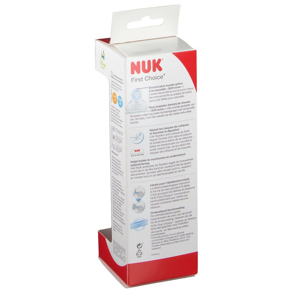 Emballage du biberon NUK First Choice. Informations sur le biberon et la tétine.