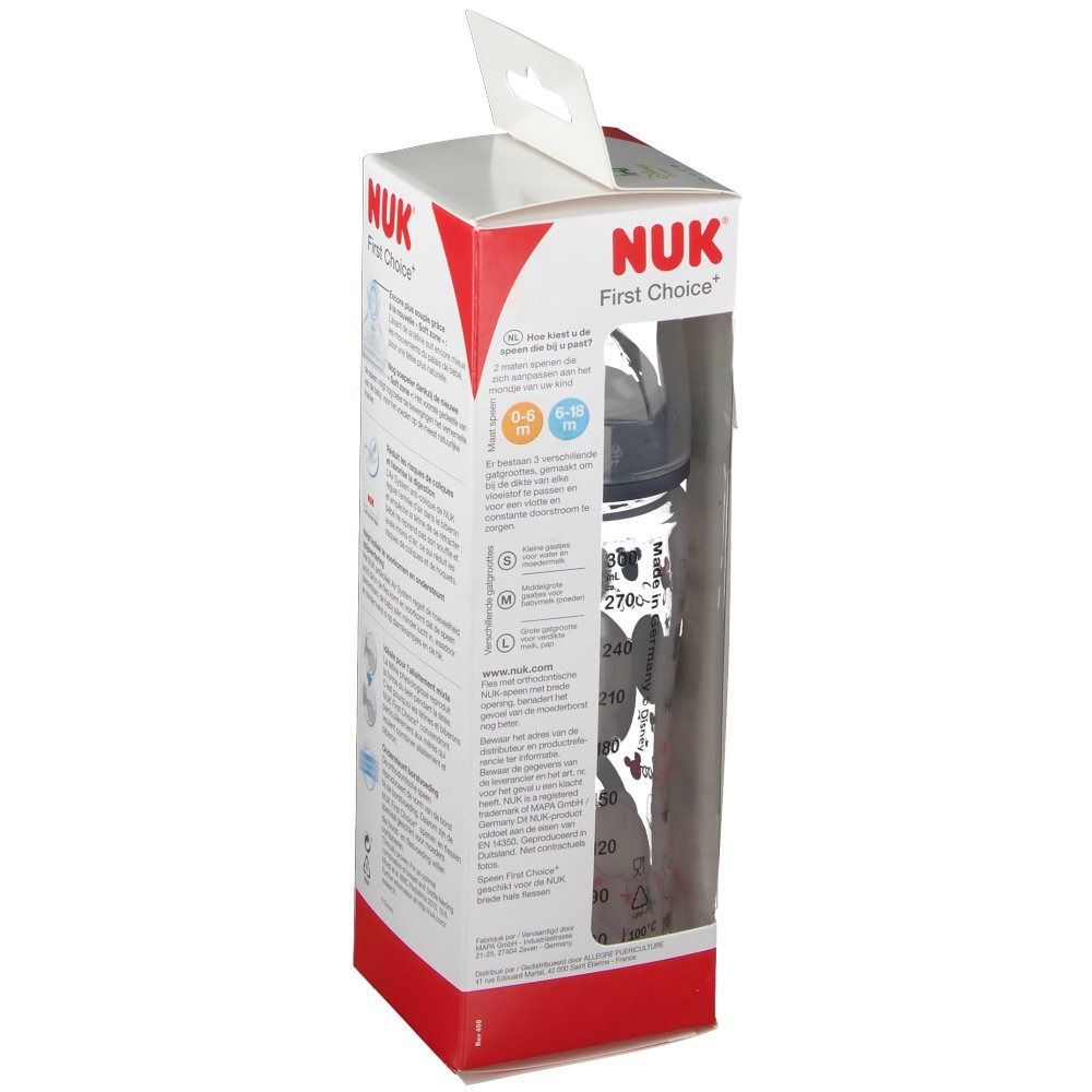 Dos de l'emballage du biberon. NUK First Choice. Recommandations d'âge 0-6 et 6-18 mois.