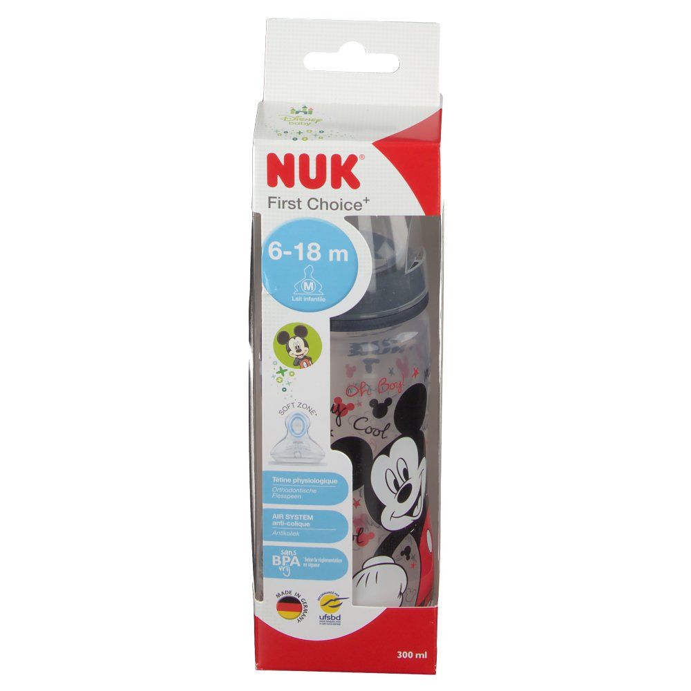 Biberon NUK First Choice, 6-18 mois, dans emballage. Motif Mickey Mouse. Sans BPA. 300 ml.