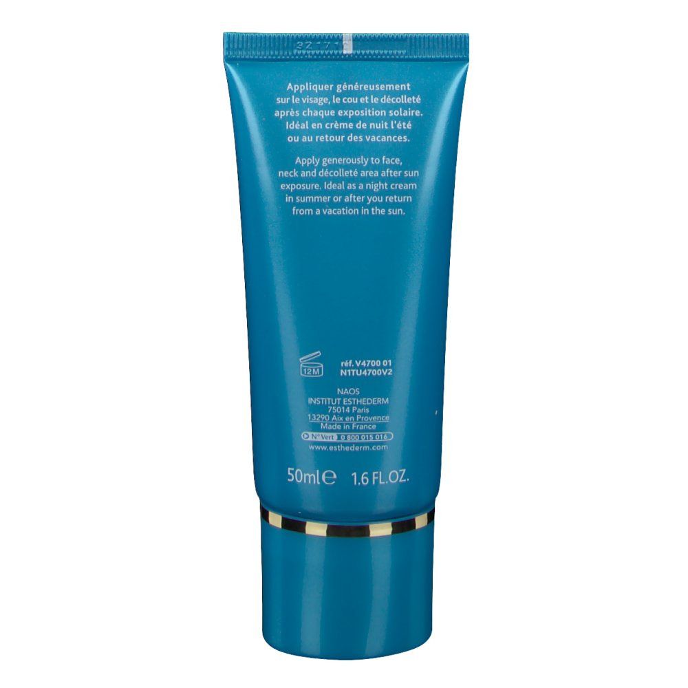 Achterkant van de turquoise tube. Tekst: gebruiksaanwijzing, 50ml, 1.6 FL. OZ.