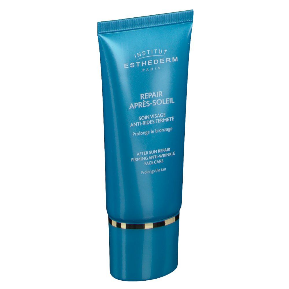 Turquoise tube met gouden details. Tekst: INSTITUT ESTHEDERM PARIS, REPAIR APRÈS-SOLEIL, SOIN VISAGE.