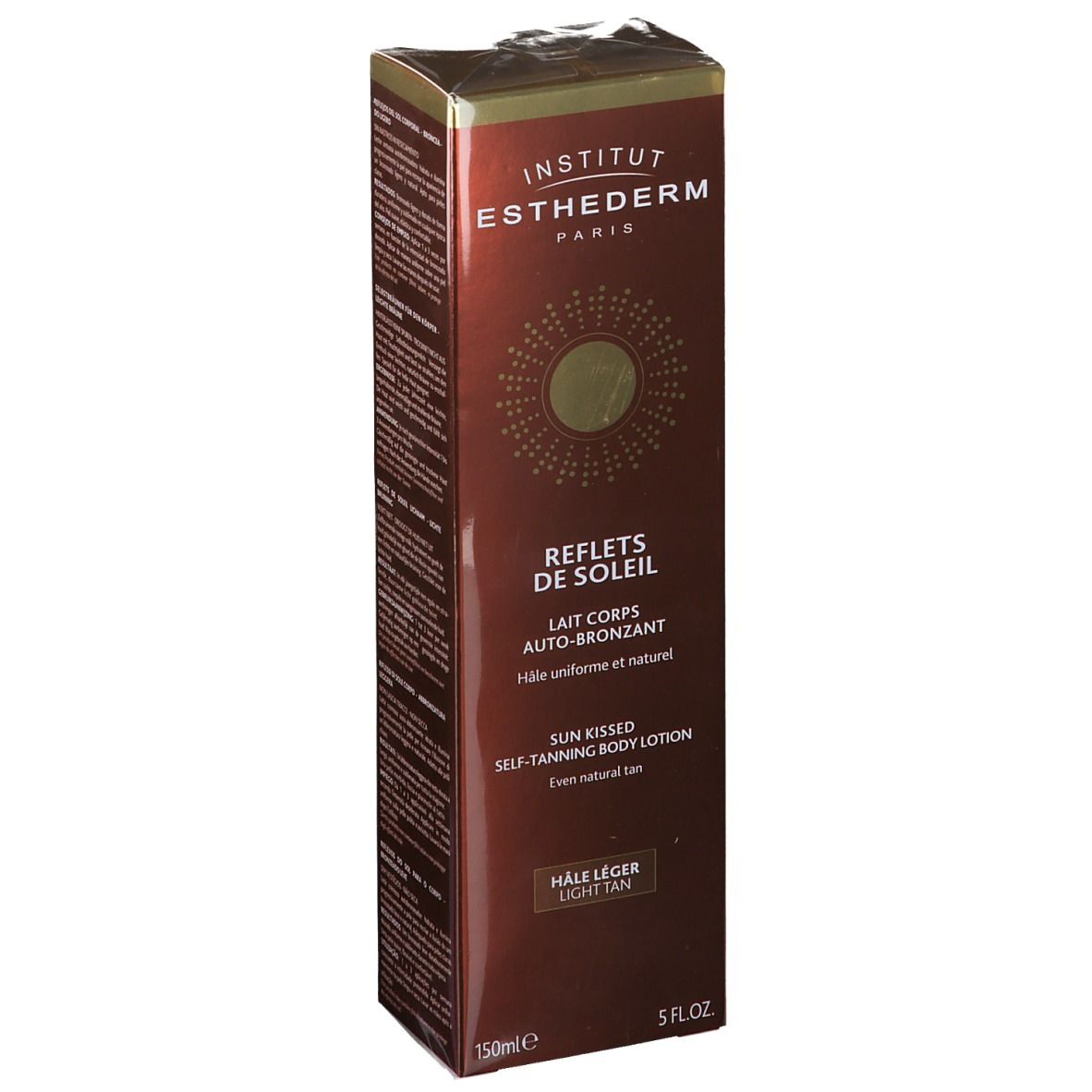 Boîte marron avec informations produit. INSTITUT ESTHEDERM PARIS, REFLETS DE SOLEIL, Lait corps autobronzant, 150ml.