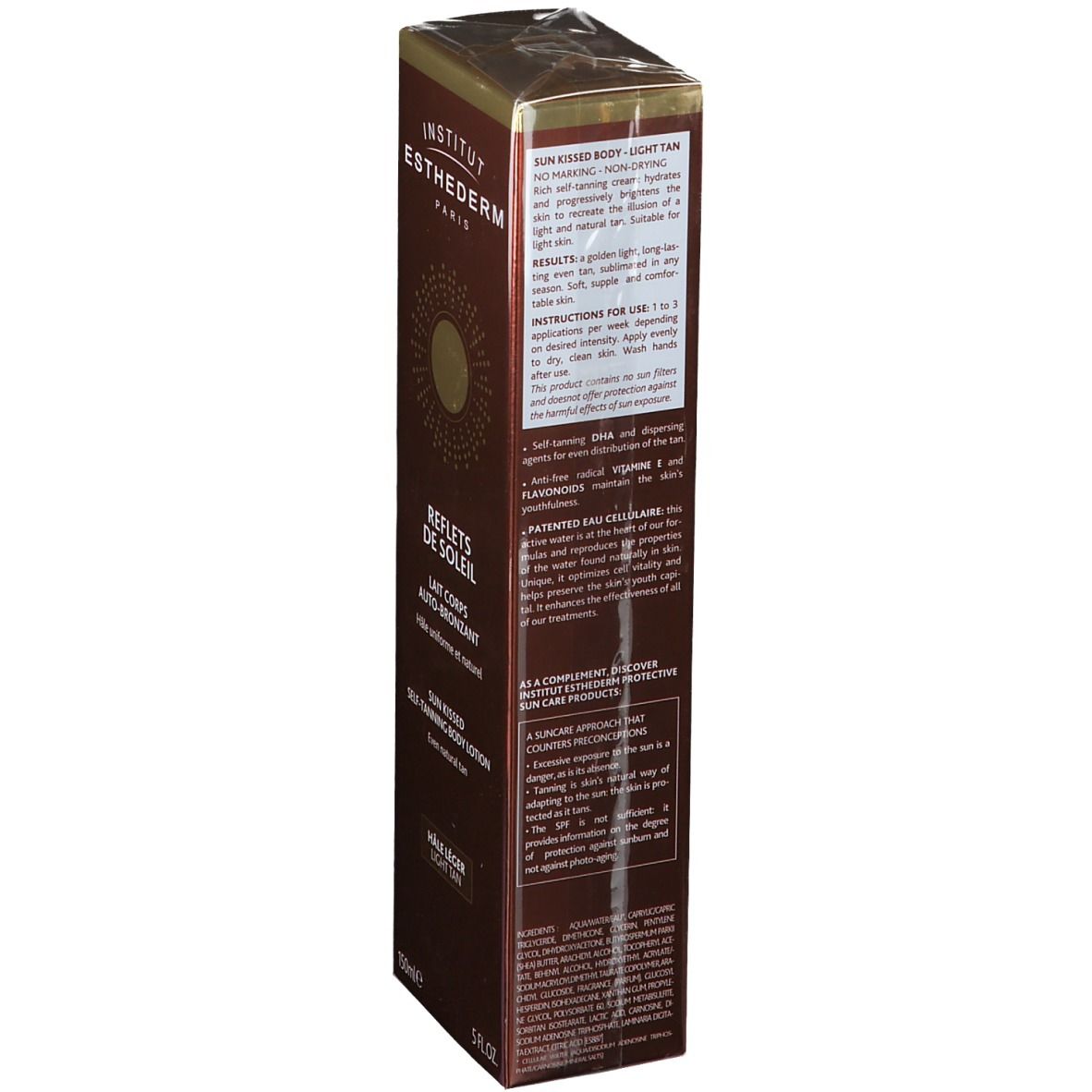 Boîte marron avec texte. INSTITUT ESTHEDERM PARIS, REFLETS DE SOLEIL, Informations d'utilisation et ingrédients.