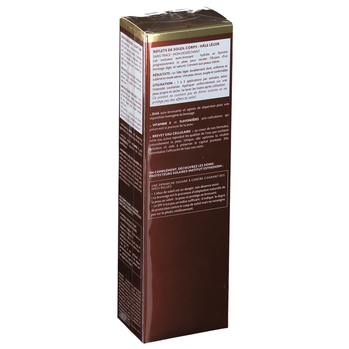 Boîte marron avec texte. INSTITUT ESTHEDERM PARIS, REFLETS DE SOLEIL, Ingrédients, mode d'emploi et avantages.