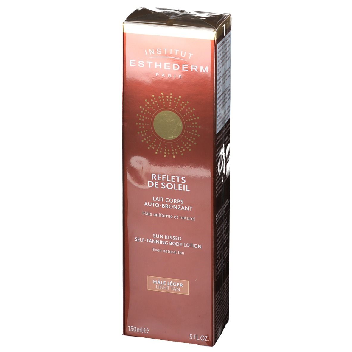 Boîte marron avec informations produit. INSTITUT ESTHEDERM PARIS, REFLETS DE SOLEIL, Lait corps autobronzant, 150ml.