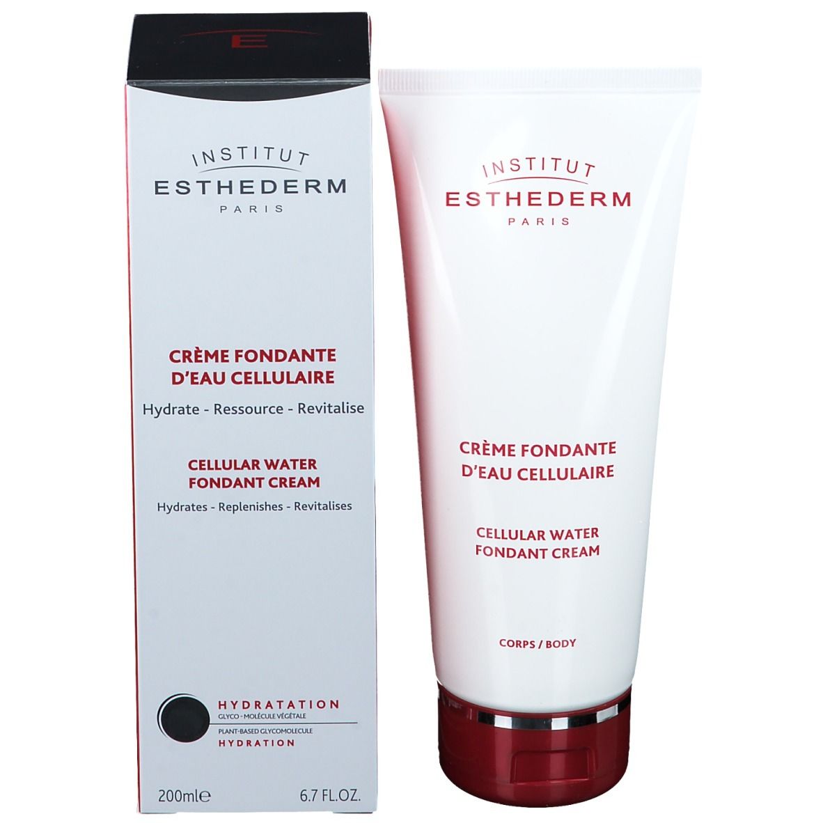 Verpakking en tube. Verpakking: INSTITUT ESTHEDERM PARIS. CRÈME FONDANTE D'EAU CELLULAIRE. CELLULAR WATER FONDANT CREAM. 200ml 6.7 FL.OZ.