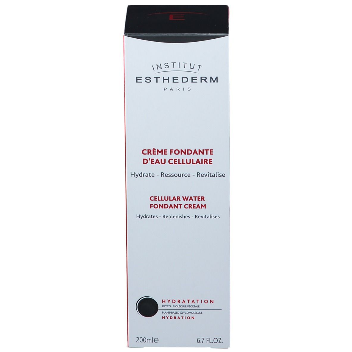 Productverpakking. INSTITUT ESTHEDERM PARIS. CRÈME FONDANTE D'EAU CELLULAIRE. CELLULAR WATER FONDANT CREAM. 200ml 6.7 FL.OZ. Zwarte cirkel.