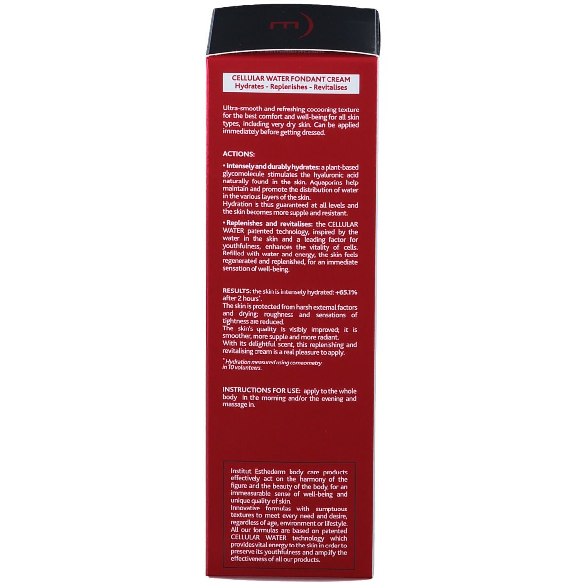 Achterkant van de verpakking. Tekst: CELLULAR WATER FONDANT CREAM. Hydrates - Replenishes - Revitalises. Gebruiksaanwijzing. INSTITUT ESTHEDERM.