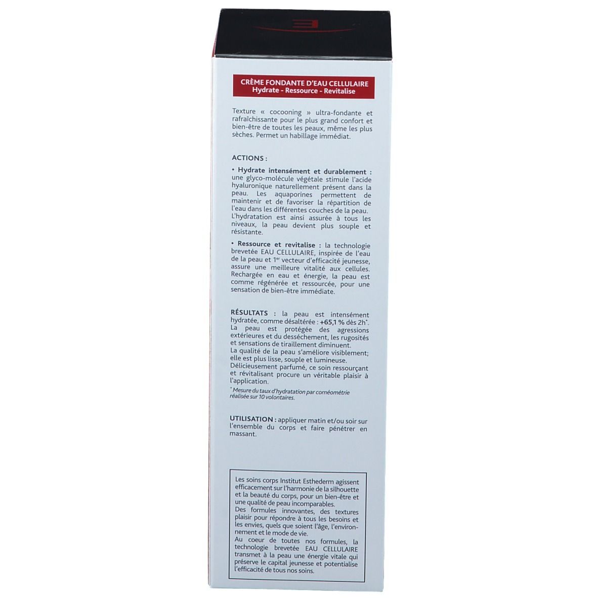 Achterkant van de verpakking. Tekst: CRÈME FONDANTE D'EAU CELLULAIRE. Hydrate - Ressource - Revitalise. Gebruiksaanwijzing. INSTITUT ESTHEDERM.