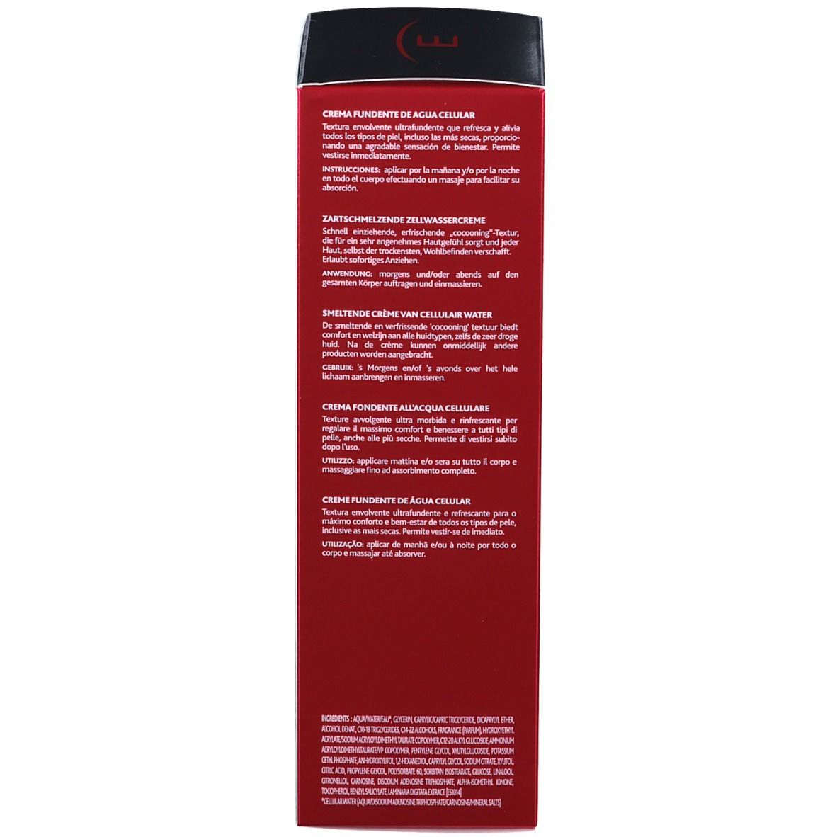 Achterkant van de verpakking. Tekst: CRÈME FONDANTE DE AGUA CELULAR. Gebruiksaanwijzing. INSTITUT ESTHEDERM. Meertalige tekst.