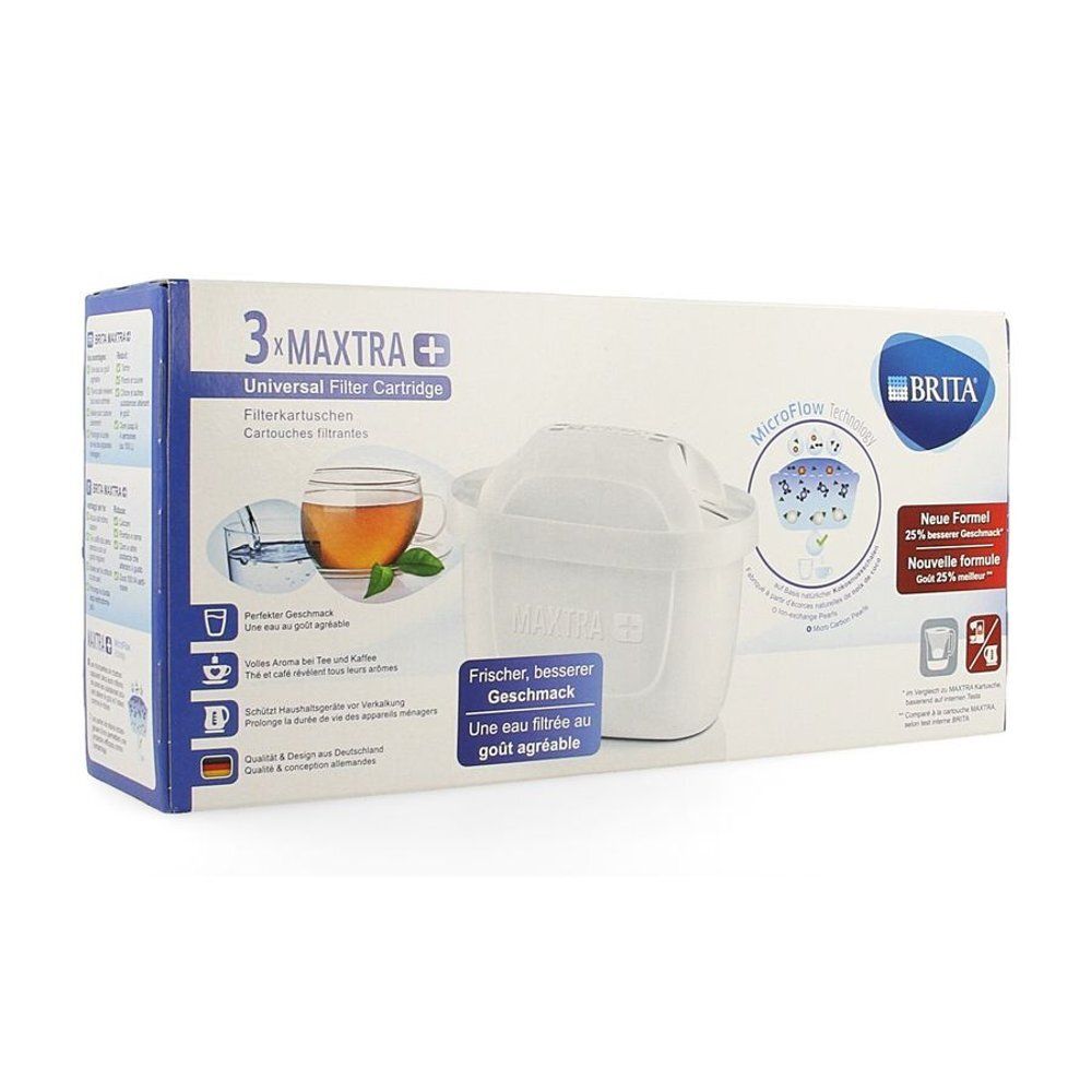 Boîte de 3 cartouches filtrantes Brita Maxtra+. Inscription : 3x MAXTRA+, Universal Filter Cartridge. Logo Brita.
