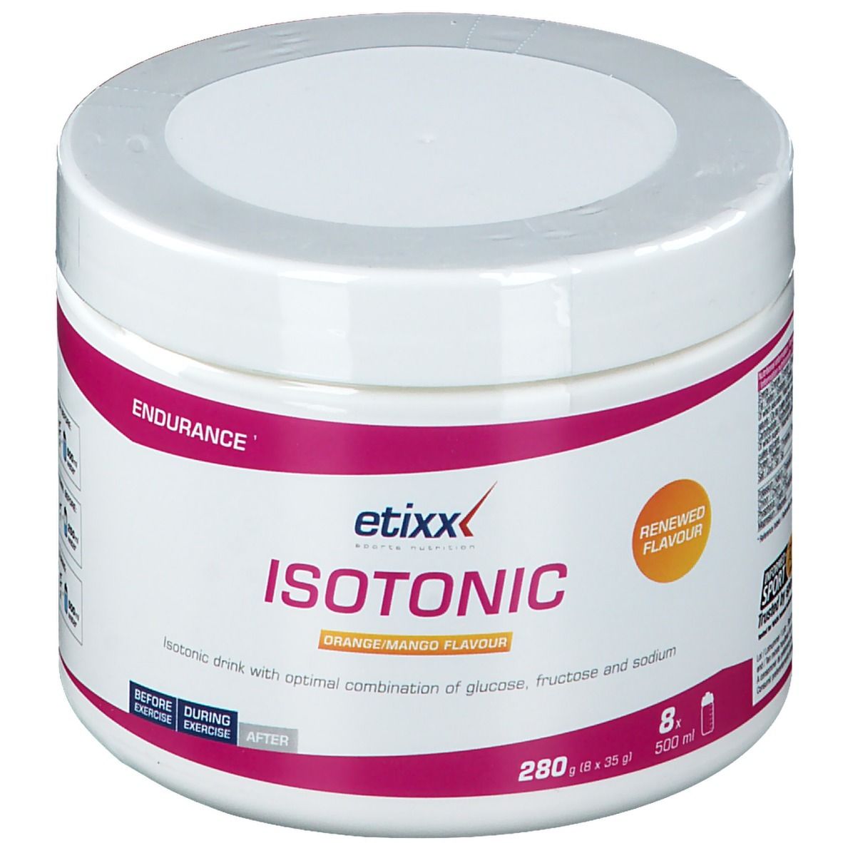 Witte pot met deksel. Opschrift: etixx ISOTONIC, Orange/Mango. Roze streep. "Endurance" en "Renewed Flavour".