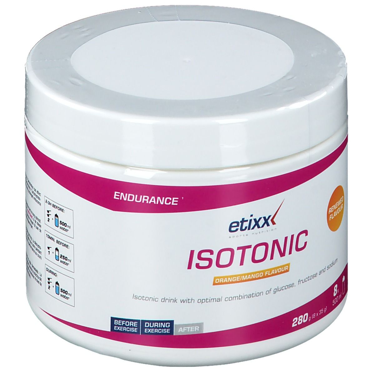 Witte pot met deksel. Opschrift: etixx ISOTONIC, Orange/Mango. Roze streep. Gebruiksaanwijzing.