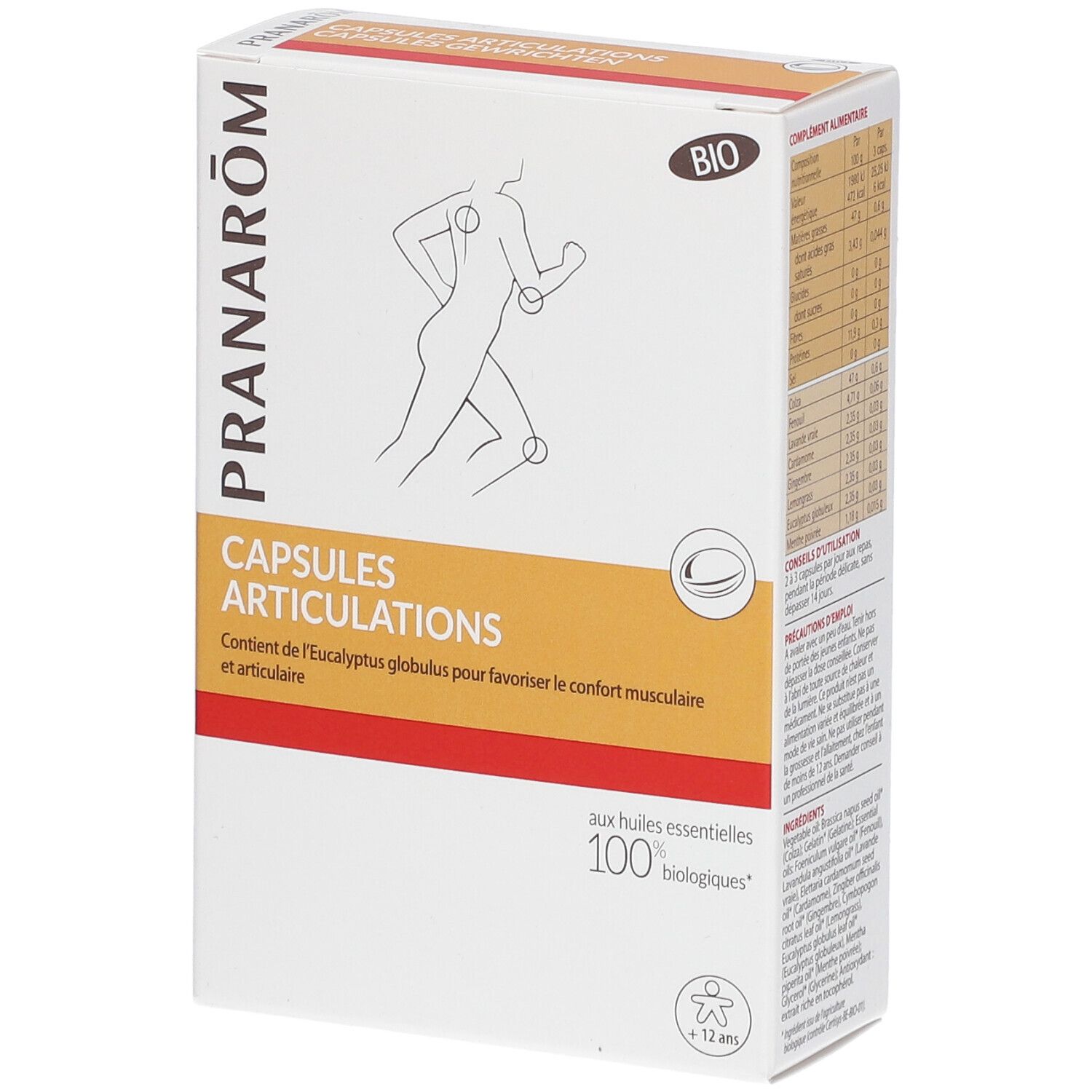 Boîte blanche Pranarôm, Capsules Articulations. Contient une certification bio et une illustration d'une personne en mouvement.
