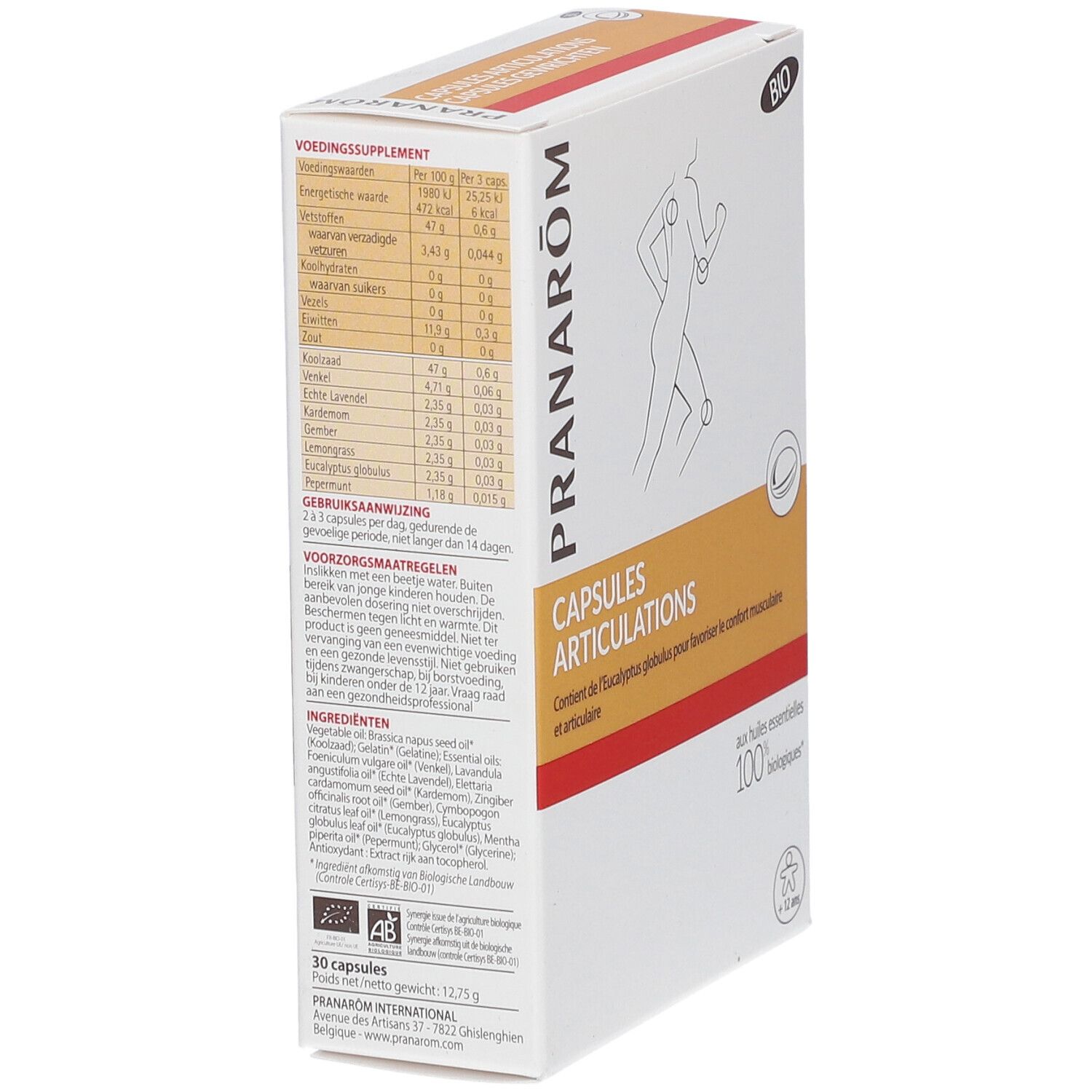 Boîte Pranarôm, Capsules Articulations. Contient informations nutritionnelles, ingrédients et certification bio. Forme rectangulaire.