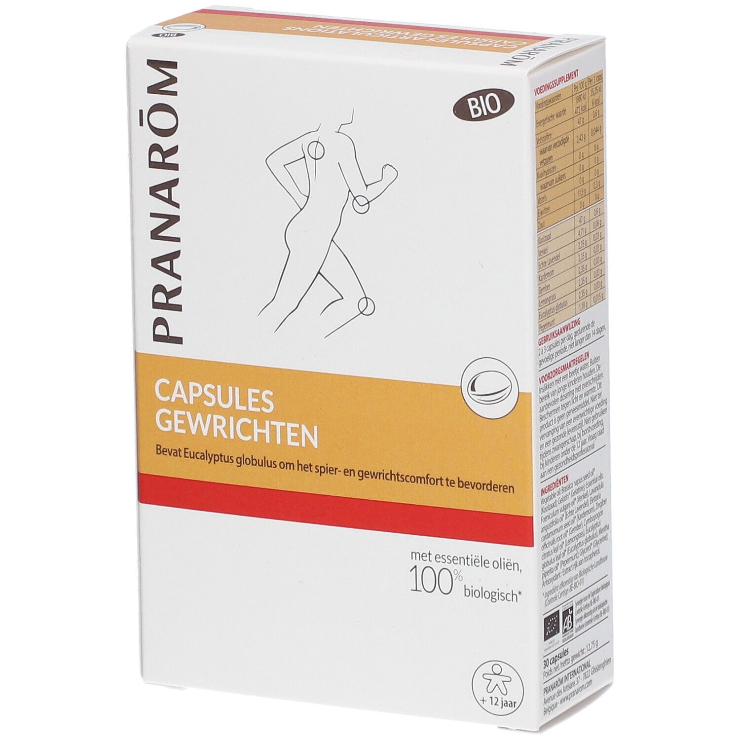 Boîte blanche Pranarôm, Capsules Gewrichten. Contient certification bio et illustration d'une personne. Forme rectangulaire.