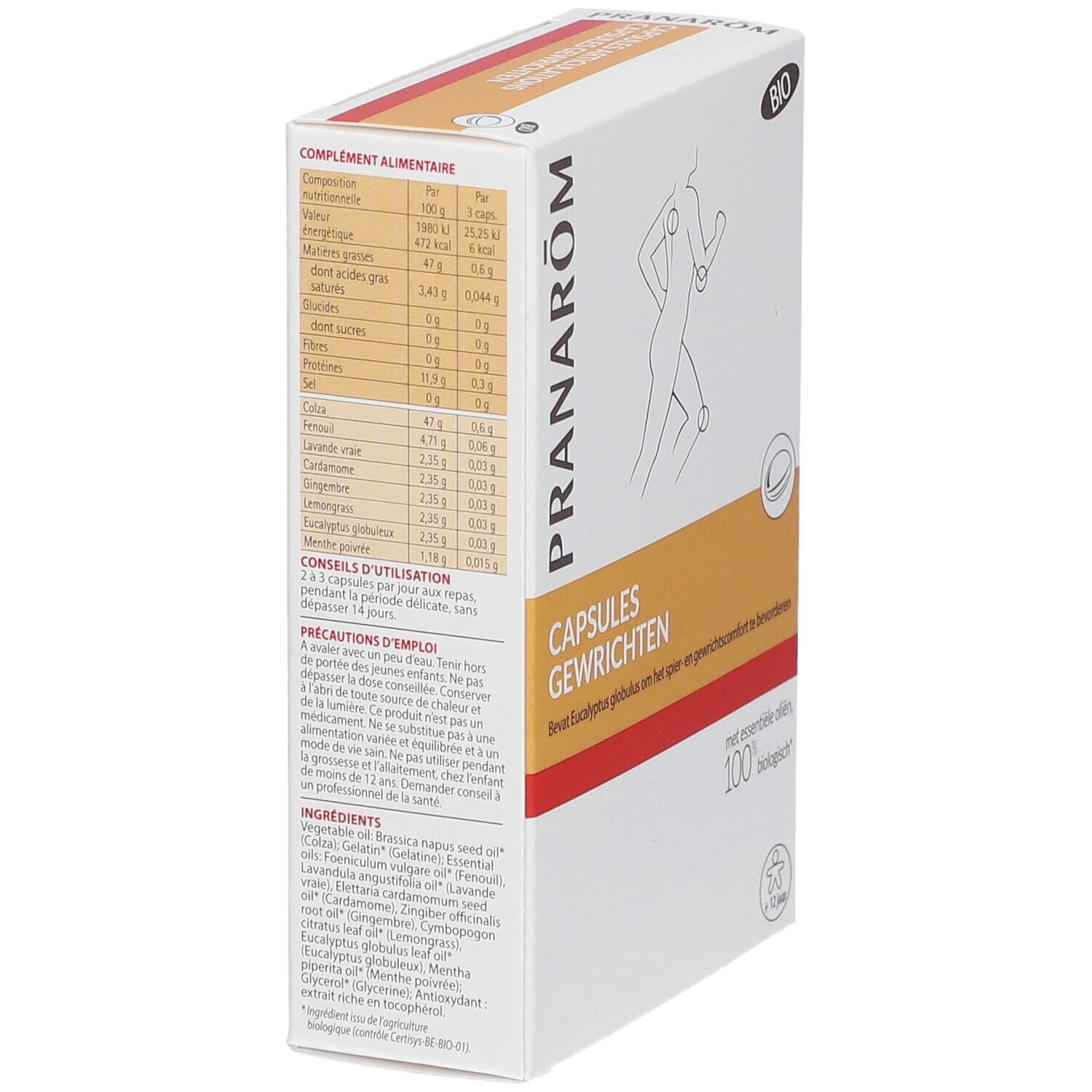 Boîte Pranarôm, Capsules Gewrichten. Contient informations nutritionnelles, ingrédients et certification bio. Forme rectangulaire.