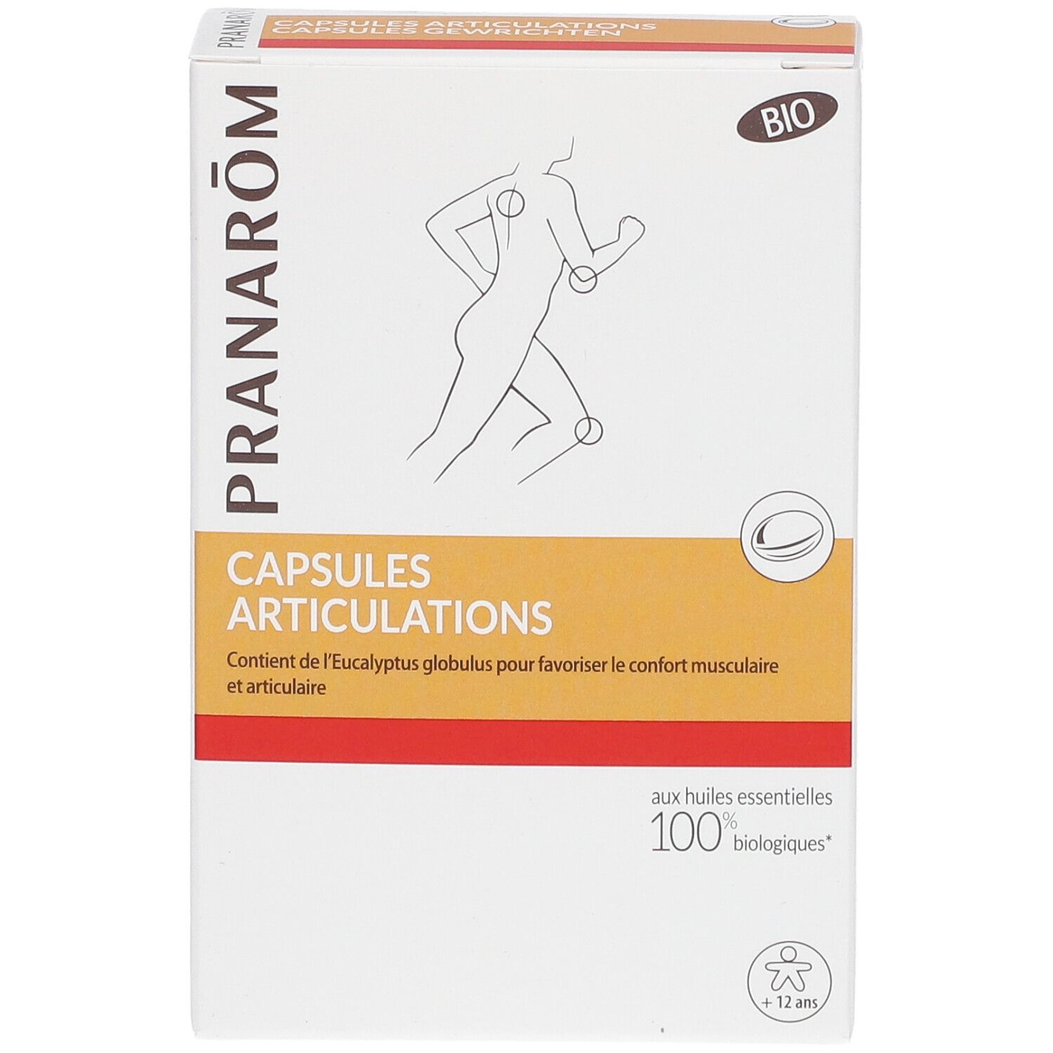 Boîte blanche Pranarôm, Capsules Articulations. Contient certification bio et illustration d'une personne. Forme rectangulaire.