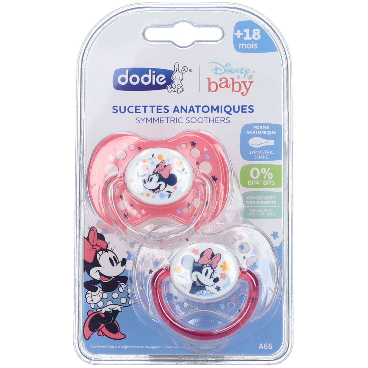 Twee fopspenen in blisterverpakking. Roze en transparante fopspenen met Minnie Mouse. Merk: dodie®. +18 maanden.