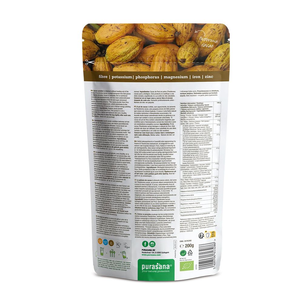 Purasana Cacao Powder zak, achterkant. Bevat voedingswaarde- en ingrediënteninformatie. Bio-keurmerk aanwezig.