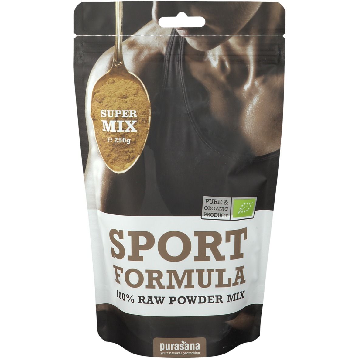 Zak "SPORT FORMULA". Bovenkant "SUPER MIX" en lepel. Biologisch label. Merk: Purasana.