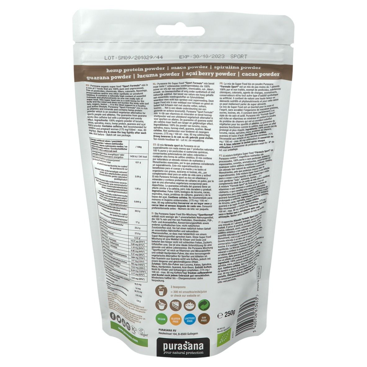 Achterkant van de zak. Tekst met ingrediënten en voedingswaarde. Biologisch label. Merk: Purasana.