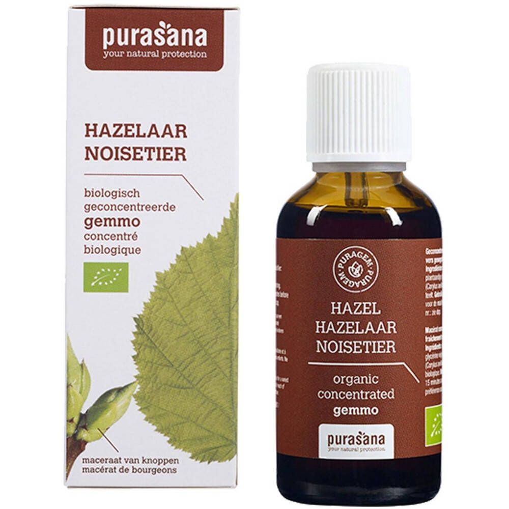 Bruine glazen fles met witte dop en etiket. Daarnaast een witte doos met productinformatie en logo.