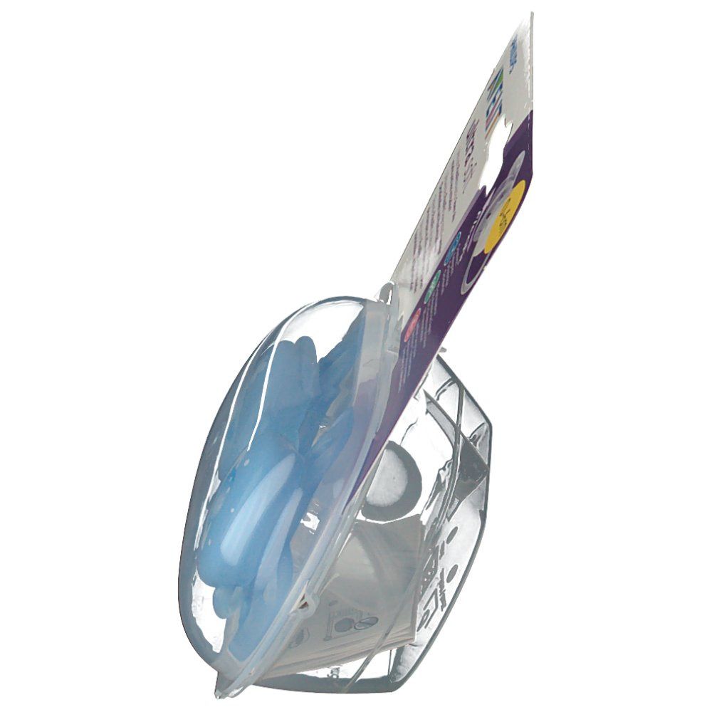 Vue latérale de l'emballage avec deux sucettes bleues. L'emballage est transparent et affiche des informations sur le produit.