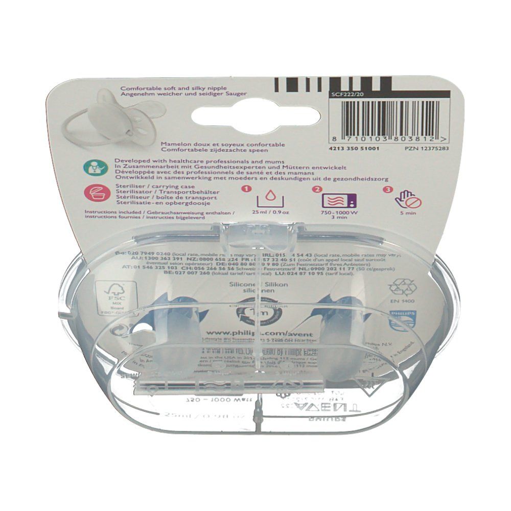 Dos de l'emballage avec informations et logos. Contient deux sucettes bleues dans un étui transparent.