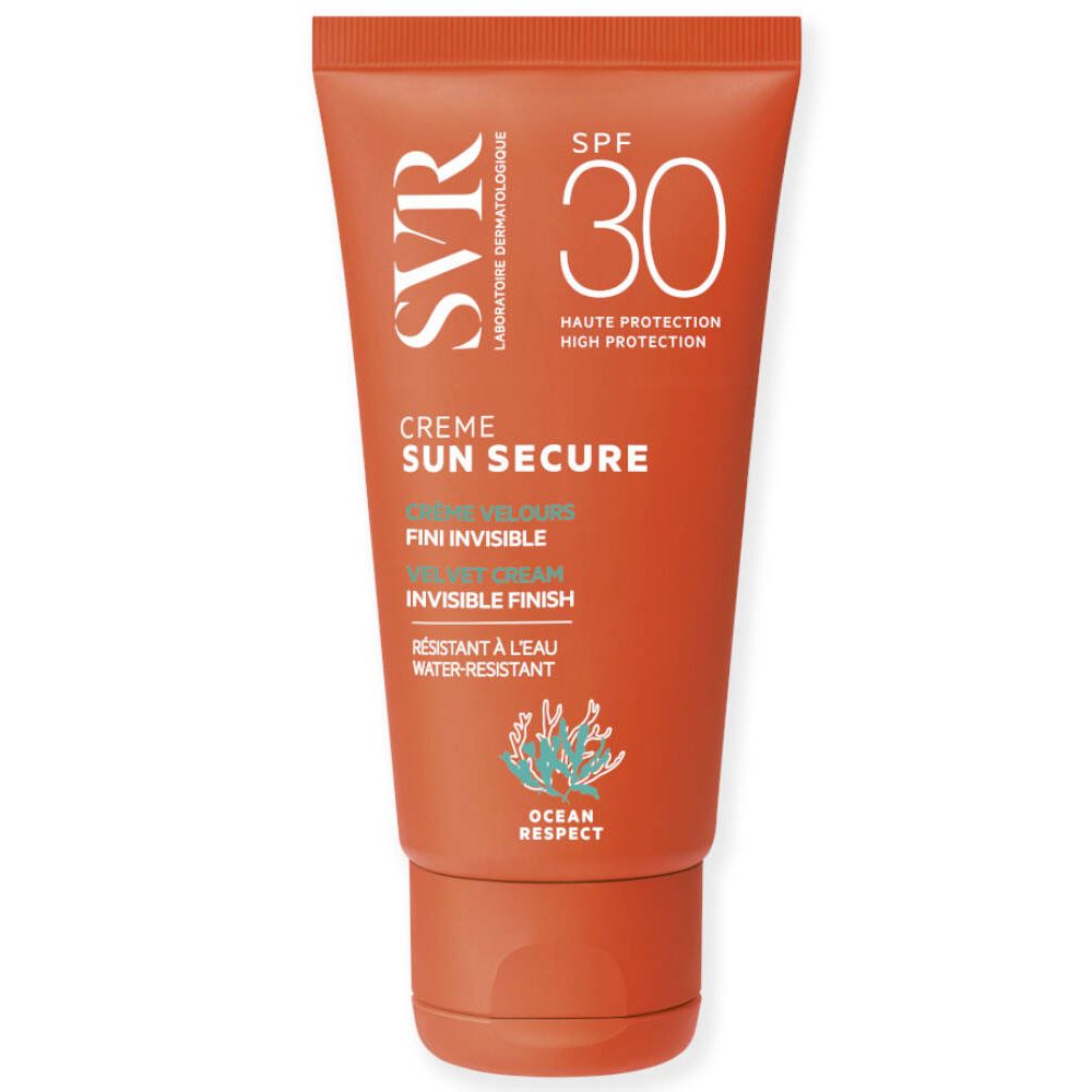 Oranje tube SVR Sun Secure SPF 30. Crème Velours, Fini Invisible, waterbestendig. Ocean Respect logo.